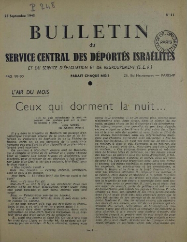 Bulletin du Service central des déportés israélites. N° 11 (25 septembre 1945)
